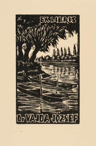 Exlibris by Kàroly Andrusko from Yugoslavia for Dr. Jozsef Vajda - Scenery/Landscape Maritime Ship/Boat Forest 