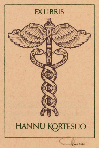 Exlibris by Hannu Paalasmaa from Finland for Hannu Kortesuo - Hermes Medicine 