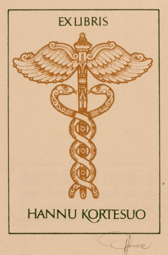 Exlibris by Hannu Paalasmaa from Finland for Hannu Kortesuo - Hermes Medicine 