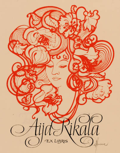 Exlibris by Hannu Paalasmaa from Finland for Aija Rikala - Flower Woman Portrait 