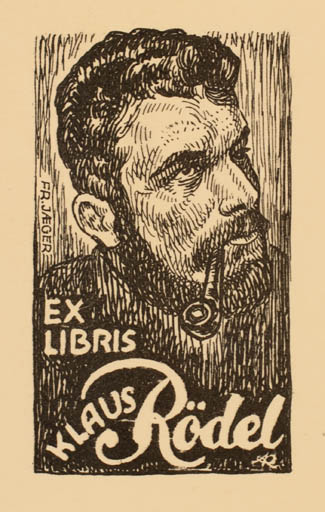 Exlibris by Jenö Kertes-Kollmann from Hungary for Klaus Rödel - Literature Portrait 