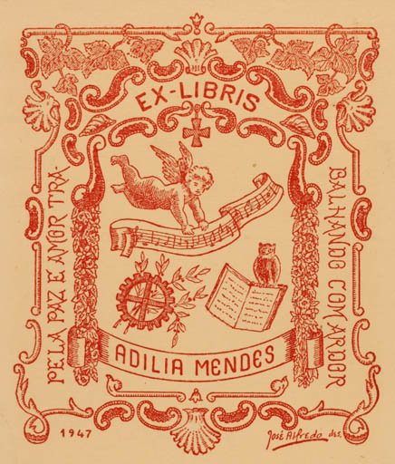 Exlibris by Jose Alfredo from Portugal for Adilia Mendes - Angel Music Owl 