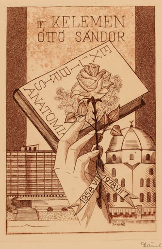 Exlibris by Victor Dàniel from Hungary for Otto Sandor Kelemen - Architecture Flower Book Hand(s) 