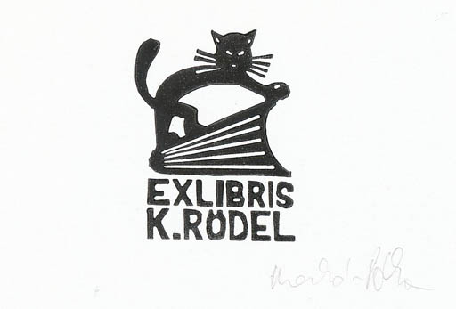 Exlibris by Anna-Pòka Meskò from Hungary for Klaus Rödel - Book Cat 