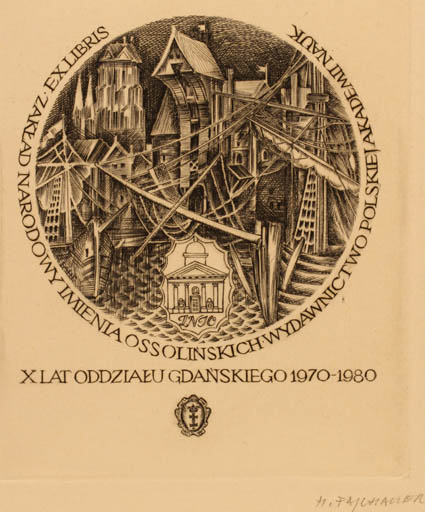 Exlibris by Henryk Fajlhauer from Poland for Zaklad Narodowy Imienia Ossolinskich Wydawnictwo Polskiej Akadamii Nauk - City 