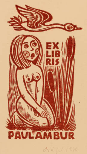 Exlibris by Silvi Väljal from Estonia for Paul Ambur - Bird Woman Nude 