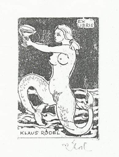 Exlibris by Rudolf Koch from Germany for Klaus Rödel - Mermaid Mythology Wine 