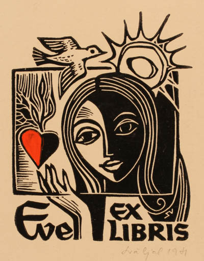 Exlibris by Silvi Väljal from Estonia for ? Eve - Bird Woman Sun 