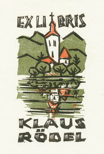 Exlibris by Kàroly Andrusko from Yugoslavia for Klaus Rödel - Church Scenery/Landscape 