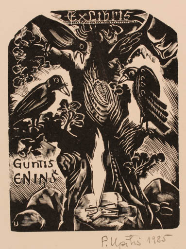 Exlibris by Peteris Upitis from Latvia for Guntis Enins - Bird Tree 