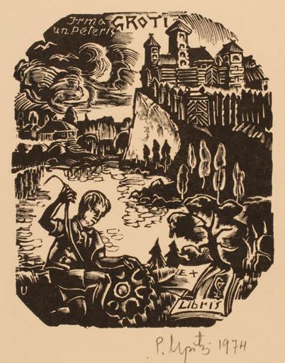 Exlibris by Peteris Upitis from Latvia for Irma un Peteris Groti - Castle/Palace Scenery/Landscape Man 