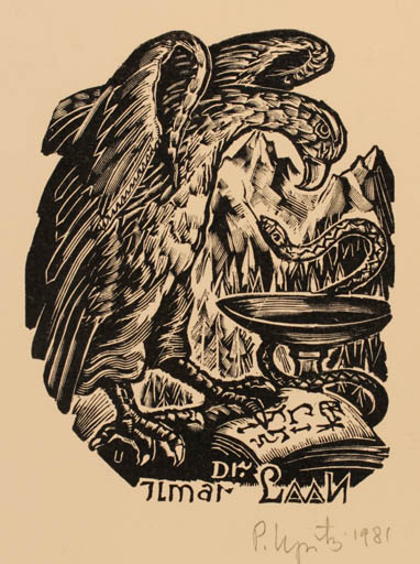 Exlibris by Peteris Upitis from Latvia for Dr. Ilmar Laan - Mountain Fauna Bird Medicine 