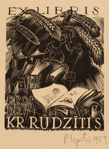 Exlibris by Peteris Upitis from Latvia for Kr. Rudzitis - Book Flora Science 