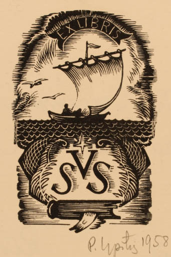 Exlibris by Peteris Upitis from Latvia for Vera Sidorova - Maritime Ship/Boat 