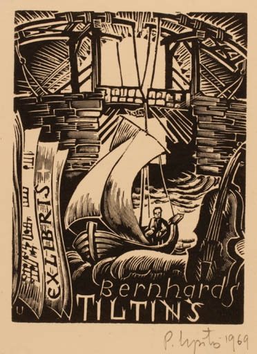 Exlibris by Peteris Upitis from Latvia for Bernhards Tiltins - Maritime Ship/Boat 