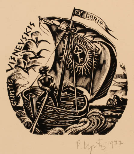 Exlibris by Peteris Upitis from Latvia for Guntis Visnevkis - Ship/Boat 