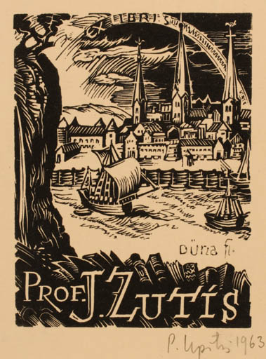 Exlibris by Peteris Upitis from Latvia for Prof. J. Zutis - City Ship/Boat 