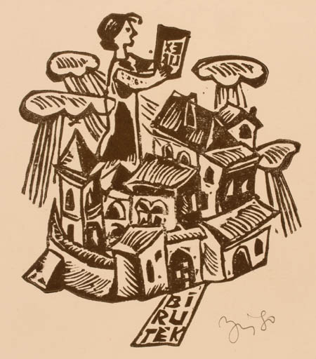 Exlibris by Valerijonas Vytautas Jucys from Lithuania for ? Birutek - Book City Woman 