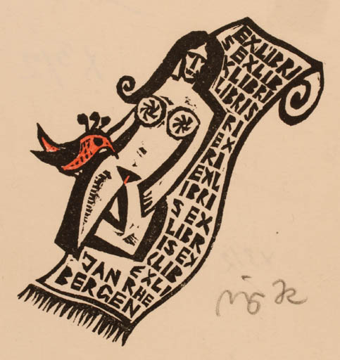 Exlibris by Valerijonas Vytautas Jucys from Lithuania for G. Jan Rhebergen - Bird Text/Writing 