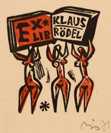 Exlibris by Valerijonas Vytautas Jucys from Lithuania for Klaus Rödel - Book Woman 