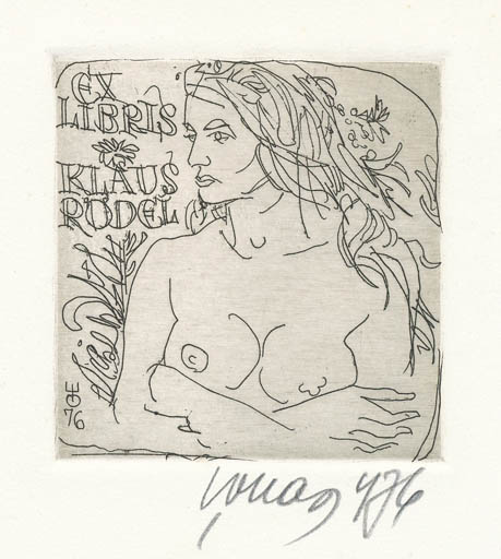 Exlibris by Evald Okas from Estonia for Klaus Rödel - Woman 