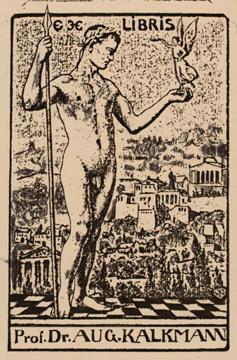 Exlibris by ? Unbekannt from Germany for Prof. Dr. Aug. Kalkmann - Classical antiquity City Man Nude 