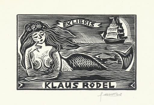 Exlibris by Nikolaj Kofanow from Soviet Union for Klaus Rödel - Mermaid Maritime Mythology 