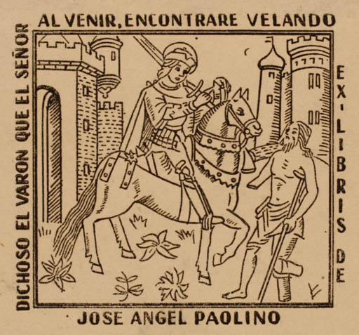 Exlibris by ? Unbekannt from Unknown for Jose Angel Paolino - Castle/Palace Knight Horseman/Rider 
