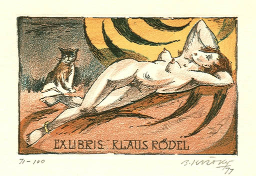 Exlibris by Bohumil Kratky from Czechoslovakia for Klaus Rödel - Cat Woman Nude 