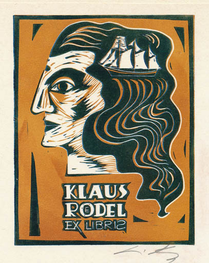 Exlibris by Lembit Lepp from Estonia for Klaus Rödel - Portrait Ship/Boat 