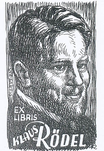 Exlibris by Jenö Kertes-Kollmann from Hungary for Klaus Rödel - Literature Portrait 