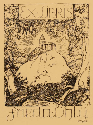 Exlibris by ? Unbekannt from Unknown for Frieda Ohly - Mountain Castle/Palace Scenery/Landscape 