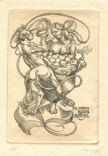 Exlibris by Augustinas Virgilijus Burba from Lithuania for Klaus Rödel - Fable Animal Fruit Woman Pan/Faun Wine 