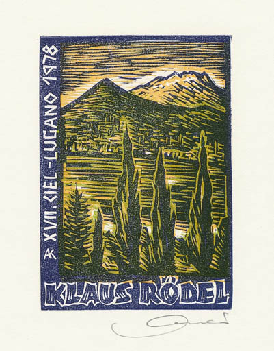 Exlibris by Kàroly Andrusko from Yugoslavia for Klaus Rödel - Scenery/Landscape 