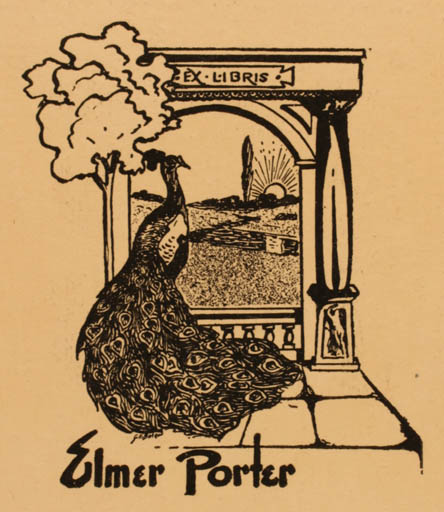 Exlibris by ? ? from Unknown for Elmer Porter - Bird Scenery/Landscape Sun 