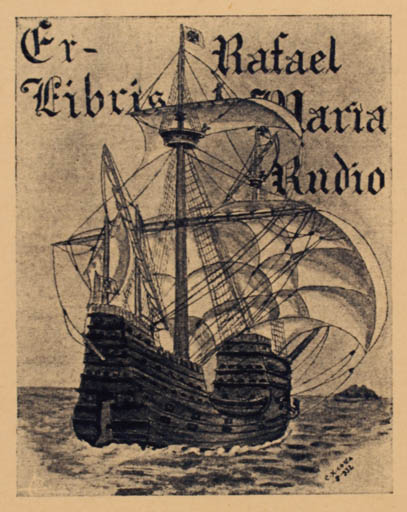 Exlibris by ? ? from Unknown for Rafael u. Maria Rudio - Ship/Boat 