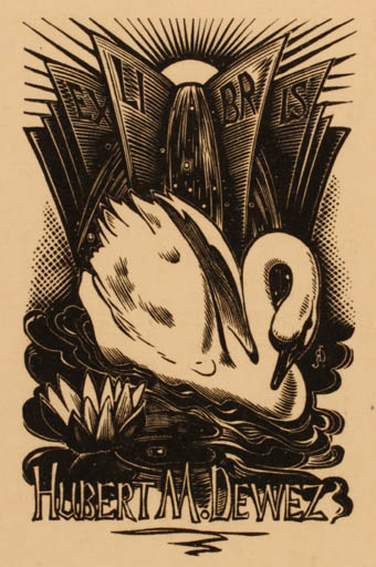 Exlibris by Luc de Jaegher from Belgium for Hubert M. Dewez - Bird Sun 