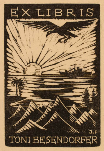 Exlibris by J. v. Freyberg from Austria for Toni Besendorfer - Bird Maritime Sun 