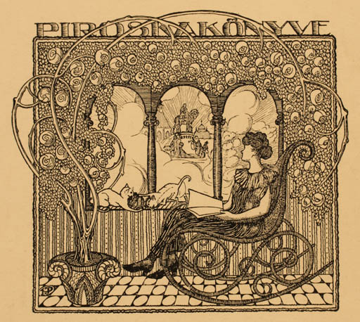 Exlibris by Jenö Paradi from Hungary for ? Piroska - Interior Jugend Cat Woman 