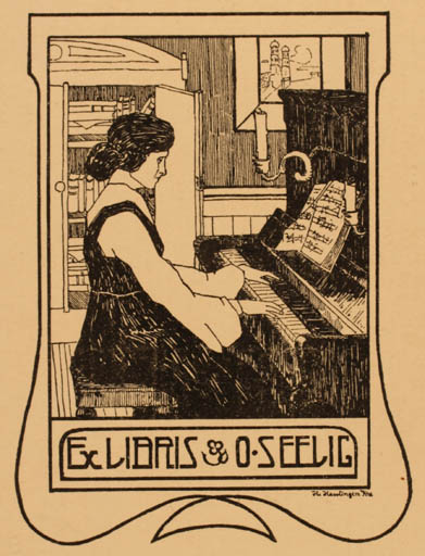 Exlibris by H. Hasslingen from Unknown for O. Seelig - Interior Jugend Woman Music 