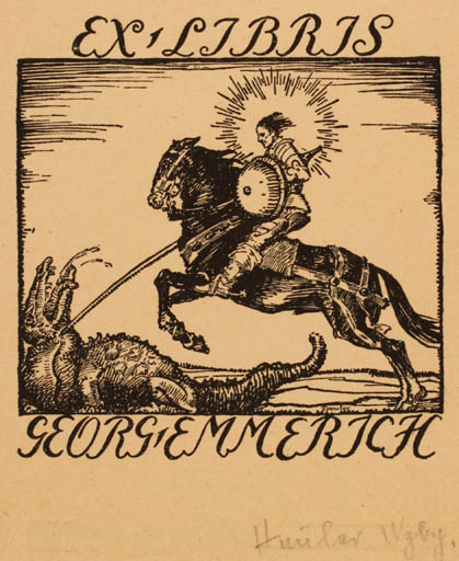 Exlibris by F. Heuler from Unknown for Georg Emmerich - Horse Religion Horseman/Rider Sct.G. and the Dragon 