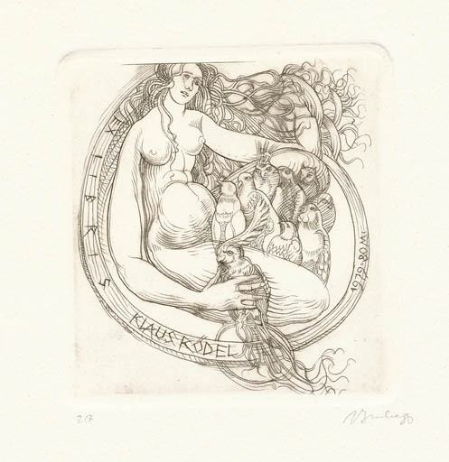 Exlibris by Augustinas Virgilijus Burba from Lithuania for Klaus Rödel - Bird Woman 