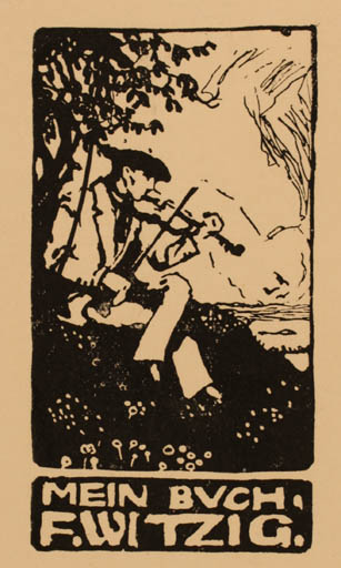 Exlibris by ? Unbekannt from Unknown for F. Witzig - Scenery/Landscape Man Music 